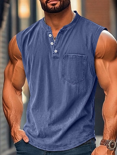  Ανδρικά Αμάνικη Μπλούζα Τοπ γιλέκου Φανέλα Πουκάμισο 100% Cotton Acid Wash Αμάνικο Χένλι Καλοκαίρι Σκέτο Μοντέρνα Υψηλής Ποιότητας Βασικό Τσέπη Κουμπιά Causal Διακοπές Δρόμος