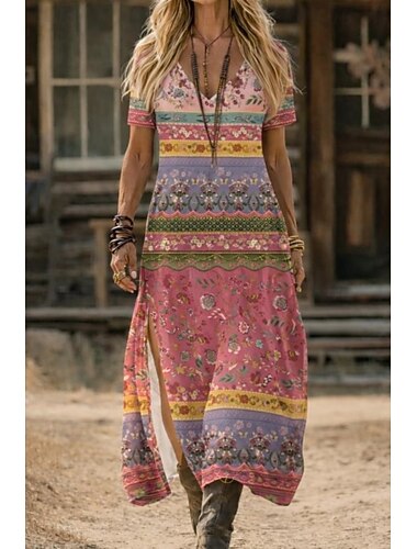 Robe longue bohème pour femme, robe trapèze, idéale pour les vacances, la plage ou les sorties. Coupe classique, imprimé floral, manches courtes, col en V, rose, violet clair, été et printemps.