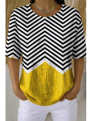  Γυναικεία Βάφλα μπλουζάκι Μπλουζάκια με πλέξιμο υφή Καλοκαιρινές κορυφές Γραφική Γεωμετρικό Στυλάτο Κλασσικό Κοντομάνικο Στρογγυλή Ψηλή Λαιμόκοψη Στρογγυλή Λαιμόκοψη Κανονικά μπλουζάκια Causal