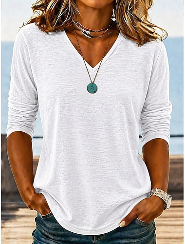  Damesblouses met linnenlook, zomertops, effen, stijlvol, klassiek, korte mouwen, lange mouwen, V-hals, normale tops, casual, wit, lichtgroen, lichtpaars, lichtblauw, zomer, lente