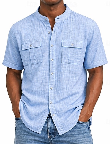  Homme Chemise Chemise en lin Chemise d'été Tenue de plage Chemise à col officier Chemise Boutonnée Couleur Unie Occasionnel Vacances Bleu Noir bleu marine Vert Manche Courte Col montant Été Printemps