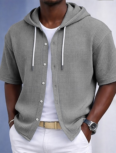  Pánské Košile Wafflová košile Košile pro volný čas Košile na knoflíky Černá Bílá Světle zelená Námořnická modř Fialová Krátký rukáv Pevná barva Bez vzoru Kapuce Ležérní Denní Přední kapsa Oblečení