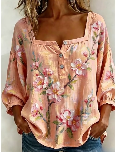  Pasen Dames Blouse Afdrukken Bloemig Grafisch Vintage Dagelijks Stijlvol Halve mouw Vierkante hals Lange tops Casual Dagelijks Blozend Roze Beige Zomer Lente