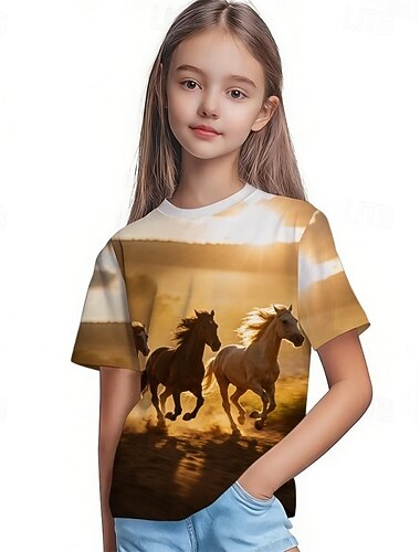  Kentucky Derby Flickor 3D Grafisk Häst T-shirt Kortärmad 3D-tryck Sommar Vår Sport Mode Streetwear Barn 4-12 år Rund hals Ledigt Dagligen Utomhus Normal