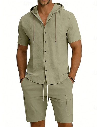  Herren Leinenhemd Zweiteilig Hemd Set Und Cargo-Shorts Shorts Leinenshorts Set Einfach Täglich Outdoor Urlaub Mit Kapuze Kurzarm Sommer Mode Lässig Bequem Bekleidung