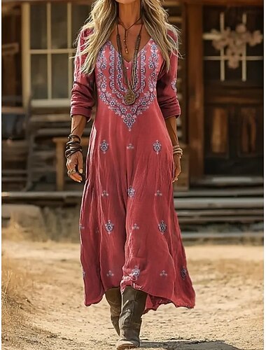  Dames Maxi-jurk Zonnejurk Zomerjurk Vakantie Casual Boho Dagelijks Strand Uitgaan Ruim Passend Grafisch Kleurenblok Lange mouw V-hals blauw Rood Bruin Groen Zomer Lente Herfst