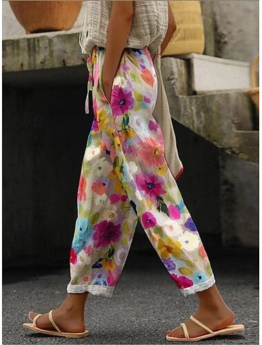  سروال نسائي من الكتان مثل بنطلونات فضفاضة كاجوال يومية طويلة مزخرفة بعناصر زهرية سحب حبال جيوب جانبية طباعة تنفس مريحة غير مرنة عطل نهاية الأسبوع برتقالي أخضر ربيع وصيف مقاس عادي