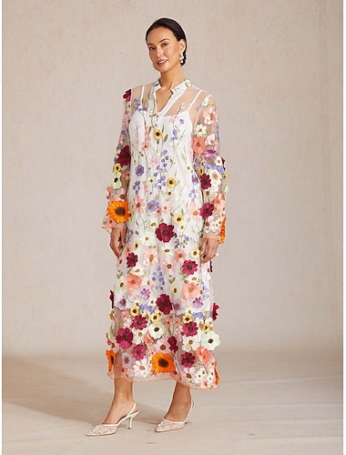  Damskie Sukienka midi Sukienka trapezowa Elegancja Urlop Gość weselny Święto Koronka Regularny Kwiaty Długi rękaw W serek Biały