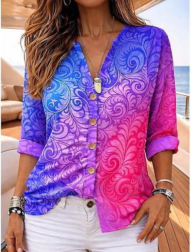  Dámské Košile Tunika Letní vrcholy Knoflíky Tónované Grafika prázdniny Denní Dlouhý rukáv Do V Běžné topy Denní Dovolená Jdeme ven Vodní modrá Fialová Oranžová Trávová zelená Léto Jaro