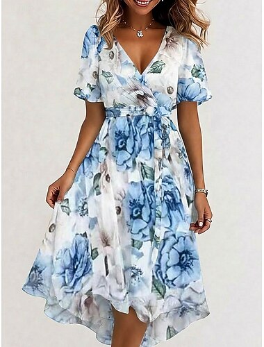 Per donna Abito Midi Vestito in Chiffon Abito Floreale Abito Estivo Elegante Moderno Vacanza Ferie Tè Vestibilità regolare Floreale Manica Corta Scollo a V Blu Arancione Estate Primavera