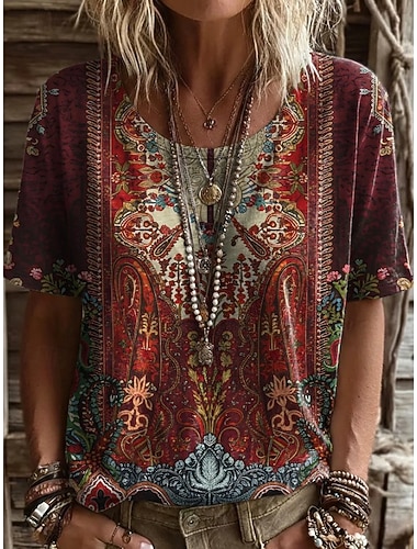  Dámské Tričko Tisk Květinový Grafika Rostliny Vinobraní stylové Na běžné nošení Krátký rukáv Do V Dlouhé topy Ležérní Denní Víkend Vodní modrá Černá Rubínově červená Léto Jaro