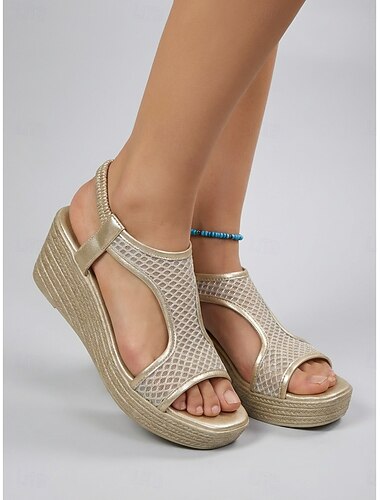  Beige damessandalen met sleehak en mesh details – comfortabel voor op vakantie &resort avondschoenen