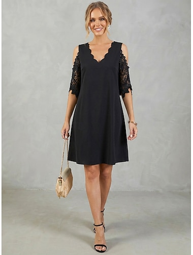  Per donna Abito al ginocchio Abito in Pizzo Abito nero Abito da Cocktail Abito Formale Elegante Essenziale Feste Matrimonio Vestibilità regolare Semplice Mezza Manica Scollo a V Nero Estate Primavera