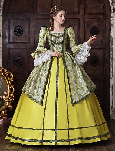  Rococo Barok Baljurk  Tot de grond Jurken Baljurk  Lange Mouwen Prinses Vriendelijke vrouw Bruids Kant Bloemig Baljurk Vierkante hals Kostuum Dames Koninklijk Halloween Carnaval Maskerade Schoolfeest