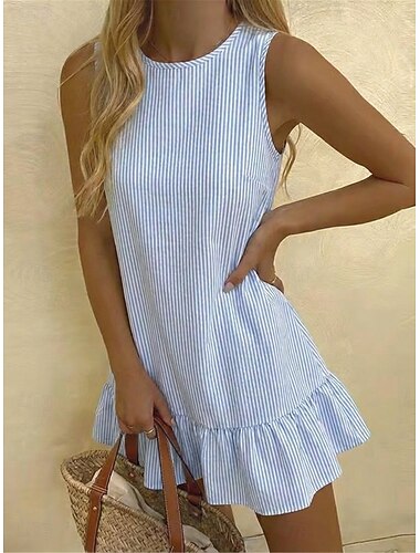  Per donna Mini abito Vestito Casual Abito a righe Abito a trapezio Elegante Moda Quotidiano Vacanza Vestibilità regolare A righe Senza Maniche Girocollo Blu Nero Giallo Rosso rosa Estate Primavera