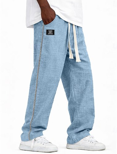  男性用 リネンパンツ サマーパンツ バギーパンツ パッチワーク ポケット 弾性ウエスト 純色 履き心地よい 快適 全長 カジュアル 日常 祝日 旅行度假风 ファッション ブルー パープル 伸縮性なし