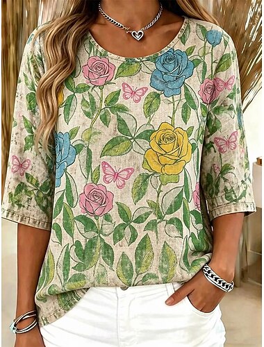  Dam Blus Mönster Blommig Grafisk bohemliv Vintage Tropisk 3/4 ärm Rund hals Långa toppar Ledigt Dagligen Semesterkläder Gul Sommar Vår