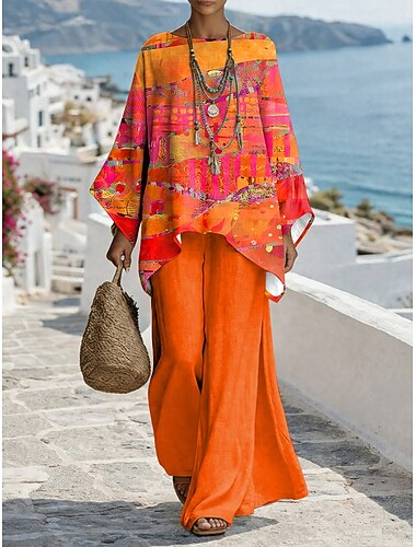  Dam Byxuppsättningar 3/4 ärm Rund hals Grafisk Geometrisk Mönster Mode Streetwear Ledigt Dagligen Utomhus Blå Gul Orange Sommar Lös passning
