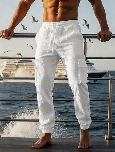  Homme Pantalons Cargo Pantalons en Lin Pantalons Pantalon d'été Pantalons de Plage Cordon de serrage Taille Élastique Multi-poches Uni Confort Respirant Quotidien Extérieur Plage Vacances Mode Noir