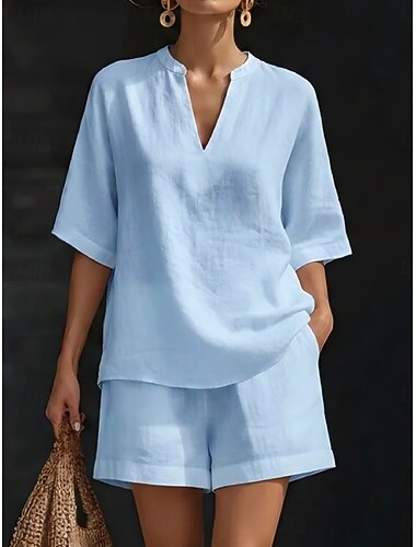  Mujer Conjuntos de pantalones cortos Lino de algodón sintético Manga 3/4 Escote en Pico Color sólido Moda Ropa de calle Casual Diario Exterior Azul Piscina Blanco Fucsia Verano Ajuste regular