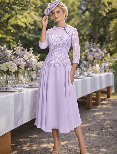 Schlauchkleid Tee-Länge Partykleid Cocktailkleid Kleid für Hochzeitsgäste Brautmutterkleid Dreiviertelarm Rundausschnitt Party Süß Hochzeitsgast Semi-Formal Chiffon Spitze mit Falten Perlenstickerei