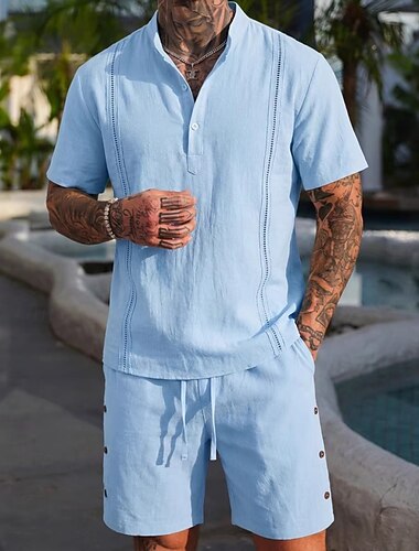  Herr Linneskjorta 2 delar Popover skjorta Och Shorts Linne Shorts Beach Shorts Uppsättning Slät Ledigt Dagligen Utomhus farfars krage Kortärmad Sommar Mode Ledigt Bekväm Kläder