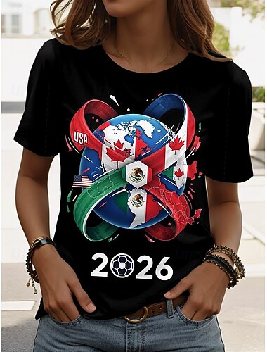  Damen-T-Shirt mit Grafikprint zur Fußball-Weltmeisterschaft 2026 – stylisch, klassisch, lässig, Kurzarm, Rundhalsausschnitt, normale Passform, für Freizeit, Sport, Sommer, Frühling