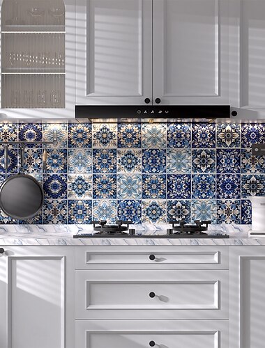  Lot de 24 stickers muraux adhésifs décoratifs, motif floral rétro bleu, faciles à nettoyer, pour la cuisine, la salle de bain et le salon. Décoration murale à faire soi-même.