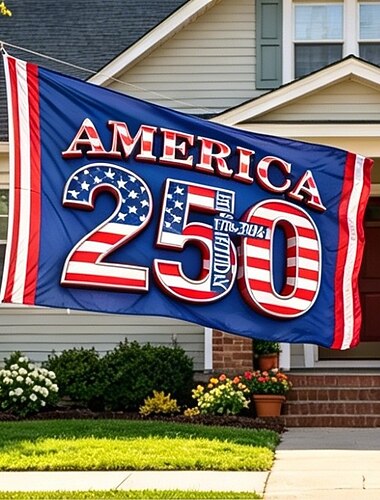  דגל ארה"ב לציון 250 שנה, עם עיטם קירח, זיקוקים ו"אנחנו העם", קישוט חיצוני פטריוטי אידיאלי לחגיגות.
