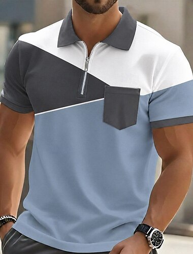  Herr Färgblock Geometrisk Pikétröjor Kortärmad Polotröjor Skjortor med krage Ledigt Utomhus Fritids- Helgdag Ficka 3D-utskrift Quarter Zip Polo Vår & sommar Blå Brun Grön