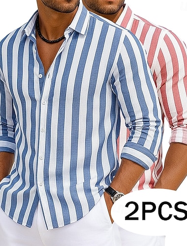  Homens Camisa Social Camisa de linho camisa de verão camisa de praia Camisas listradas Tiras verticais Casual Férias Rosa + Amarelo Amarelo + verde Verde + rosa Azul marinho+amarelo Manga Longa