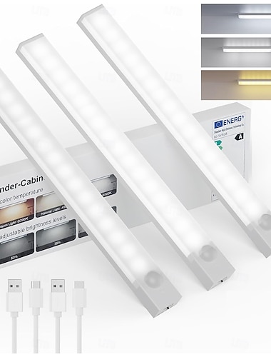  Wiederaufladbare, batteriebetriebene Unterbauleuchten mit Bewegungsmelder für den Innenbereich, dimmbare Schrankleuchten, kabellose Unterbauleuchten für Küche und Treppenhaus, 3er-Set