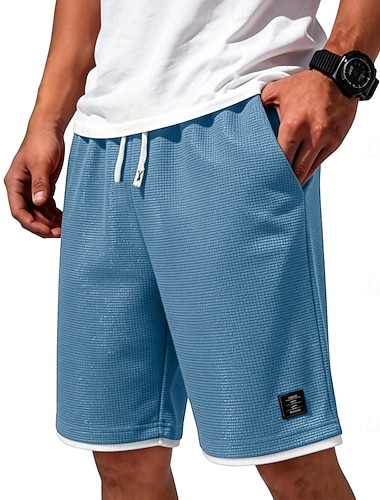  Herre Vaffelshorts Shorts Casual shorts Lapper Lomme Elastisk midje عادي Komfort Pustende Knelengde Avslappet utendørs Strand Ferie Mote Blå Svart Mikroelastisk