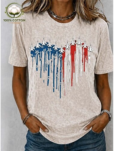  American Independence Day Women's 100% Cotton T Shirt Print Graphic Flag Abstract Stylish Basic Classic Short Sleeve Crew Neck Round Neck Regular Tops Casual Daily Blue Pink Light Purple Green