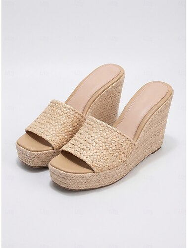  Sandales compensées tressées kaki naturel pour femmes - espadrilles à plateforme avec texture de paille tressée, idéales pour les vacances en plein air et les stations balnéaires. &voyage d'été