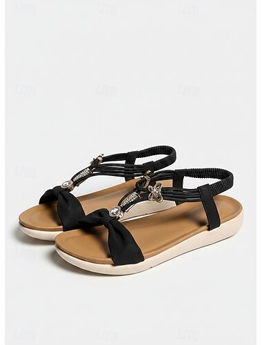  Sandálias femininas românticas azuis com tira em T - sapatos baixos boêmios confortáveis com borboleta de cristal &Enfeites florais para férias em resorts e festas de jardim no verão. &viagens ao ar