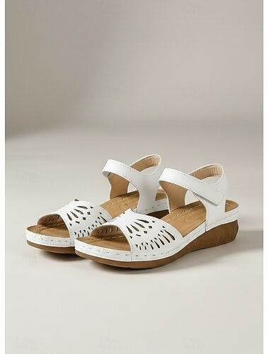  Hvite damesandaler med utskjæring – pustende, avslappede platåsko for turgåing, reiser, ferier, hagefester og hverdagsbruk