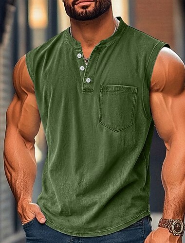  Homme Débardeur Sous-Vêtements Chemise 100% coton délavée à l'acide T-shirt sans manches Sans manches Henley Été Uni Mode Designer Basique Avec Poches Boutons Occasionnel Vacances Rue Bleu Noir Vert