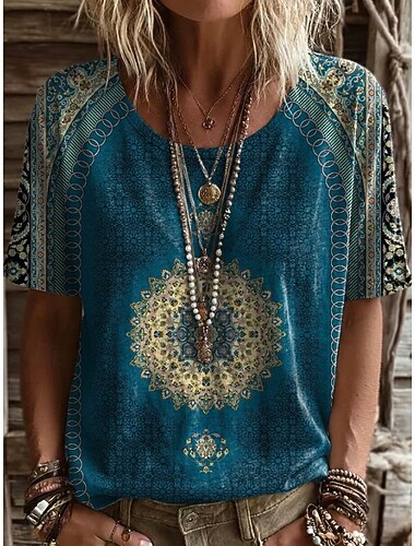  Dámské Tričko Tisk Květinový Grafika Geometrický Vinobraní stylové Na běžné nošení Krátký rukáv Do V Dlouhé topy Ležérní Denní Víkend Vodní modrá Černá Rubínově červená Léto Jaro