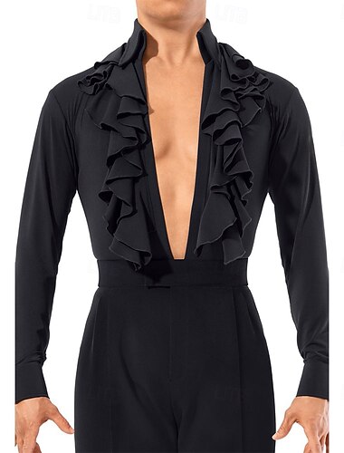  Camisa masculina para dança latina - body dramático com decote em V profundo e babados para apresentações de dança de salão.