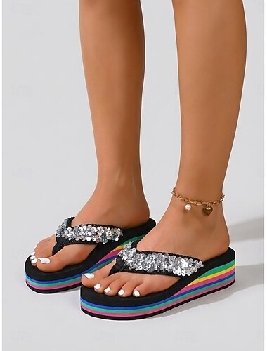  Dámské flitrované žabky na platformě – třpytivé tanga sandály na pláž a letní dovolenou