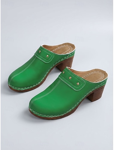  zoccoli da donna verdi con tacco a blocco – zoccoli comodi da infilare in similpelle con rivetti &Dettagli cuciti a mano, scarpe casual a punta chiusa per lavoro e viaggi &abbigliamento quotidiano