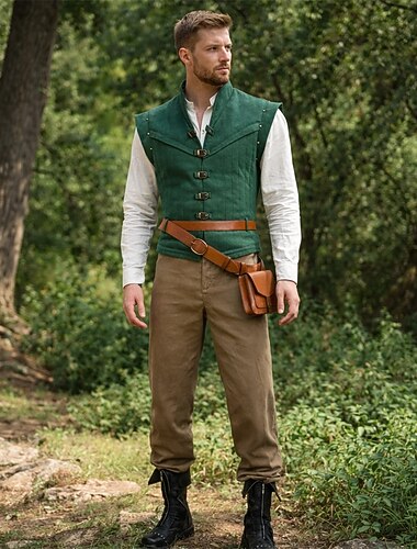  Set Medievale Rinascimento Elegante Pantaloni Gilet Cintura in Vita con accessori Arciere Elfo Ranger Costume Per uomo Fantasia Halloween Carnevale Mascherata Fiera Rinascimentale LARP Adulti Gilet