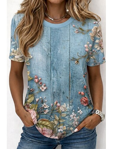  Dames T-shirt Afdrukken Ombre Bloemig Grafisch Stijlvol Klassiek Casual Korte mouw Strakke ronde hals Ronde hals Normale tops Casual Dagelijks blauw Wit / blauw Wit Zomer Lente Herfst