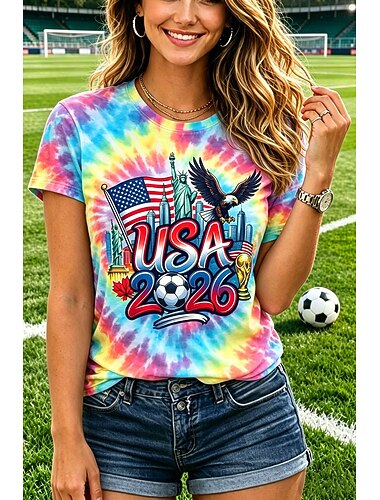  Damen T Shirt Druck Grafik Tiermotiv Fussballteam Stilvoll Klassisch Lässig Kurzarm Rundhalsausschnitt Normale Oberteile Lässig Täglich Sport Rosa Sommer Frühling