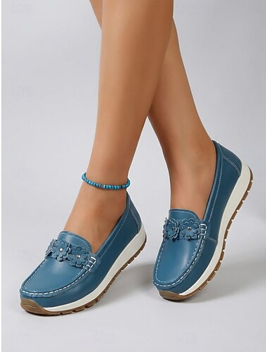  mocassini da donna blu con decorazione floreale, scarpe casual con suola morbida, calzature comode per camminare &uscite giornaliere