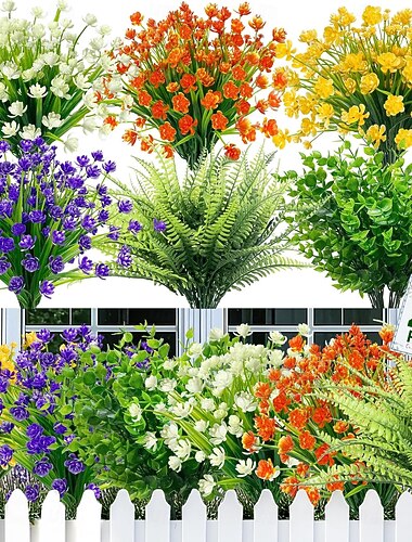  24 bunter kunstige blomster til utendørs bruk, sommer vår gress kamelia kunstige blomster bregne planter eukalyptus UV-bestandig falmer ikke grøntområder til hage veranda innendørs kirkegårdsdekor