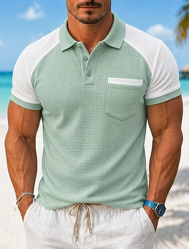  Homme Polo en seersucker Ice Silk Texturé Occasionnel Vacances Col Rabattu Manche Courte Mode Basique Bloc de Couleur Boutons Refroidissement Printemps & Été Bleu bleu marine Vert Abricot Polo en