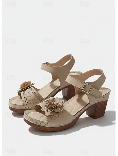  női vaskos sarkú virágos szandál – barna műbőr nyári cipő bokapánttal és 3D virágmintával kerti sétákhoz és szabadtéri összejövetelekhez