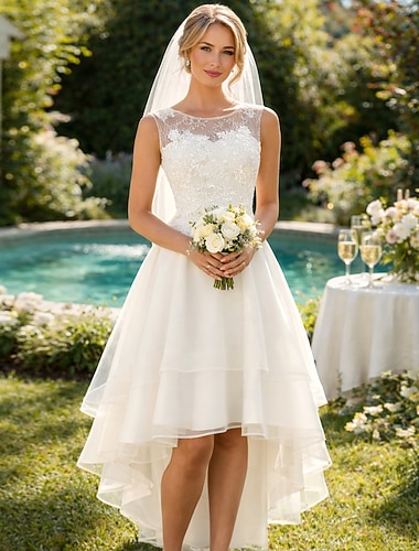  Réception Petite Robe Blanche Robes de Douche Nuptiale Robes de Mariée Boho A-Ligne Col Illusion Sans Épaules Sans Manches Asymétrique Dentelle Robes de Mariée Avec Application en Dentelle 2024